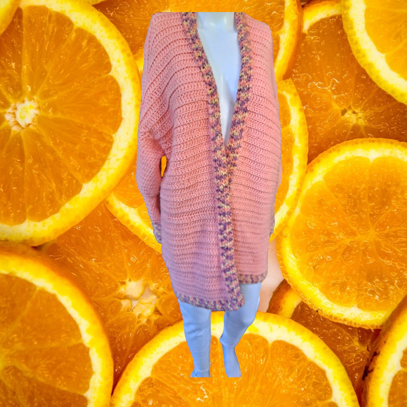 Hand Knit Open Front Long Pink Sweater With Colorful Accents - Picture 1 of 6